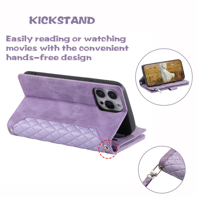 For iPhone 15 Pro Grid Texture Zipper Leather Phone Case with Lanyard(Purple) - HoMEdemic™ 