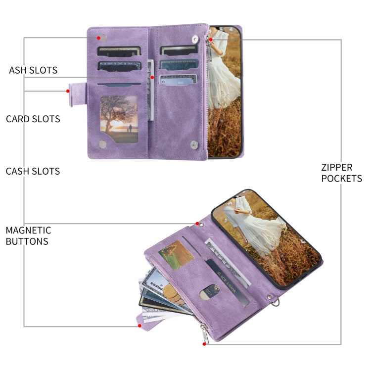 For iPhone 15 Pro Grid Texture Zipper Leather Phone Case with Lanyard(Purple) - HoMEdemic™ 