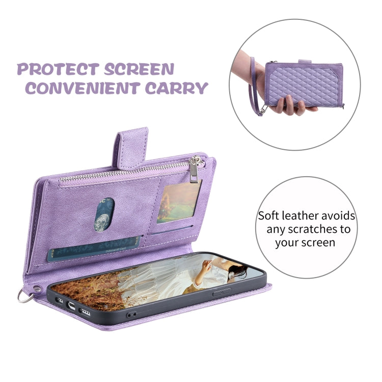 For iPhone 15 Pro Grid Texture Zipper Leather Phone Case with Lanyard(Purple) - HoMEdemic™ 