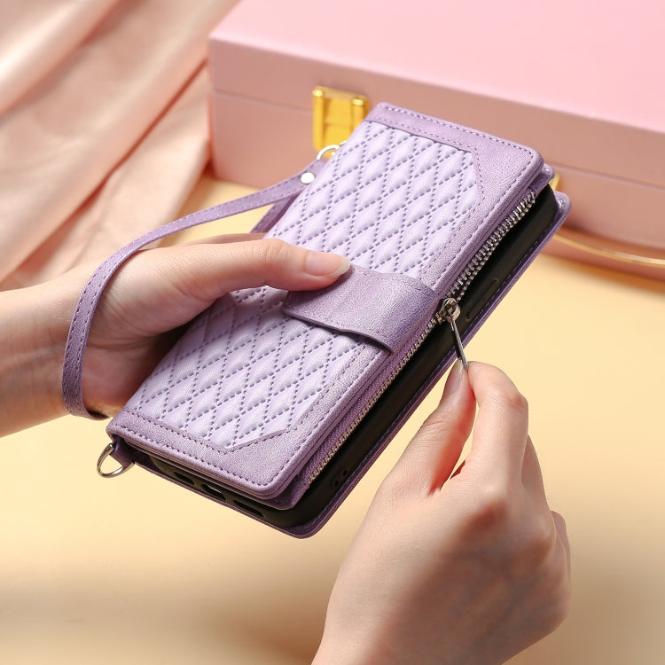 For iPhone 15 Pro Grid Texture Zipper Leather Phone Case with Lanyard(Purple) - HoMEdemic™ 