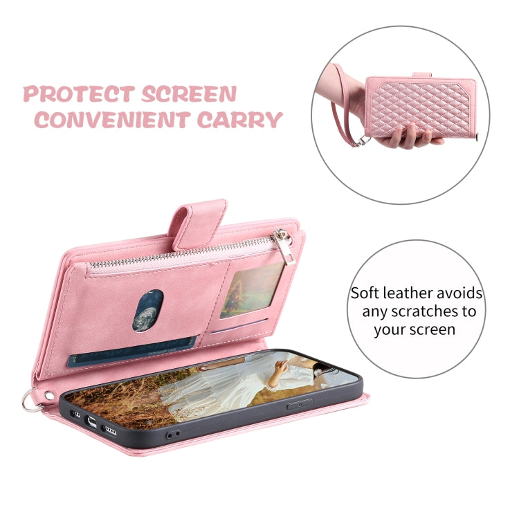 For iPhone 15 Pro Grid Texture Zipper Leather Phone Case with Lanyard(Rose Gold) - HoMEdemic™ 