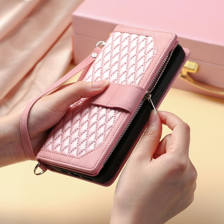 For iPhone 15 Pro Grid Texture Zipper Leather Phone Case with Lanyard(Rose Gold) - HoMEdemic™ 