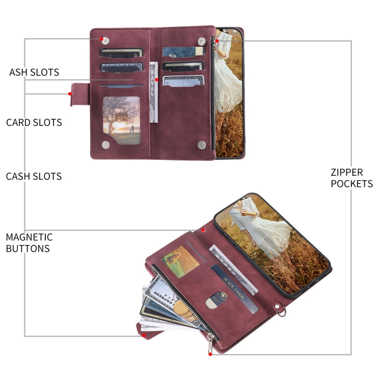 For iPhone 15 Pro Grid Texture Zipper Leather Phone Case with Lanyard(Wine Red) - HoMEdemic™ 