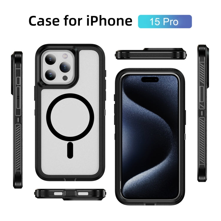 For iPhone 15 Pro Guard Magsafe Magnetic Ring Matte Phone Case(Black+Transparent) - HoMEdemic™ 