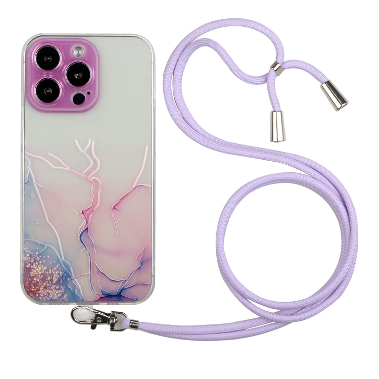 For iPhone 15 Pro Hollow Marble Pattern TPU Shockproof Phone Case with Rope(Pink) - HoMEdemic™ 