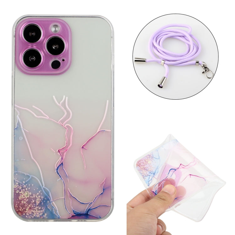 For iPhone 15 Pro Hollow Marble Pattern TPU Shockproof Phone Case with Rope(Pink) - HoMEdemic™ 