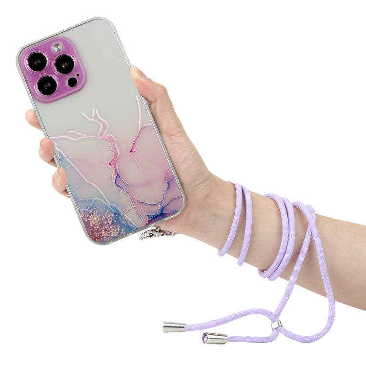 For iPhone 15 Pro Hollow Marble Pattern TPU Shockproof Phone Case with Rope(Pink) - HoMEdemic™ 