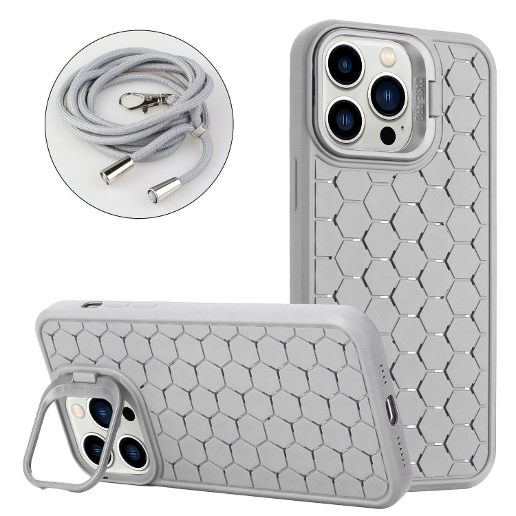 For iPhone 15 Pro Honeycomb Radiating Holder TPU Phone Case with Lanyard(Grey) - HoMEdemic™ 