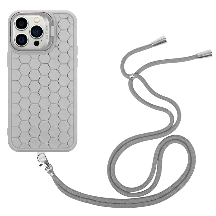 For iPhone 15 Pro Honeycomb Radiating Holder TPU Phone Case with Lanyard(Grey) - HoMEdemic™ 