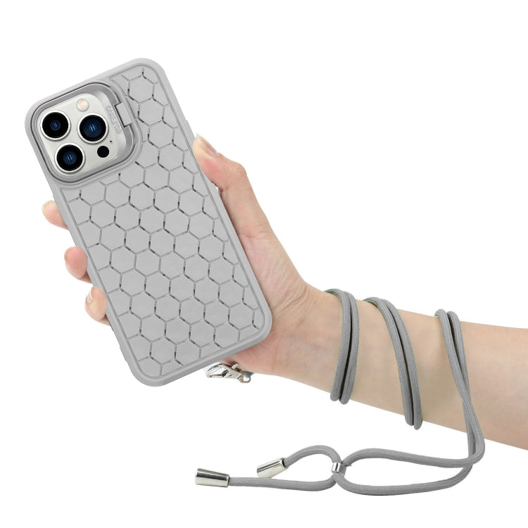 For iPhone 15 Pro Honeycomb Radiating Holder TPU Phone Case with Lanyard(Grey) - HoMEdemic™ 