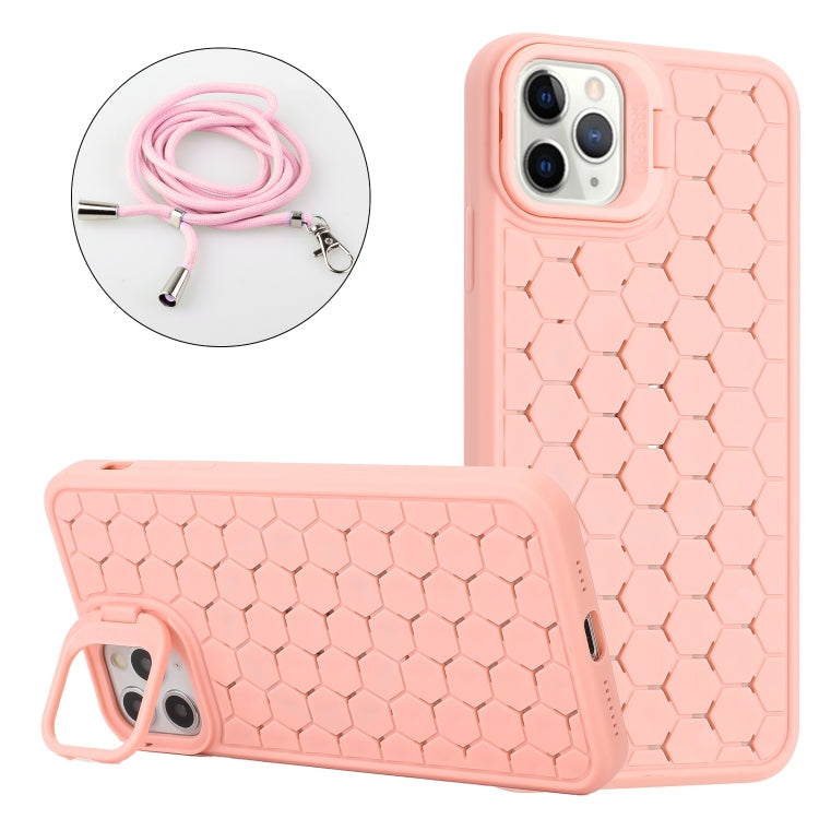 For iPhone 15 Pro Honeycomb Radiating Lens Holder Magsafe Phone Case with Lanyard(Pink) - HoMEdemic™ 