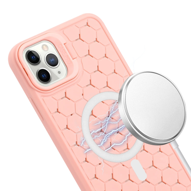 For iPhone 15 Pro Honeycomb Radiating Lens Holder Magsafe Phone Case with Lanyard(Pink) - HoMEdemic™ 