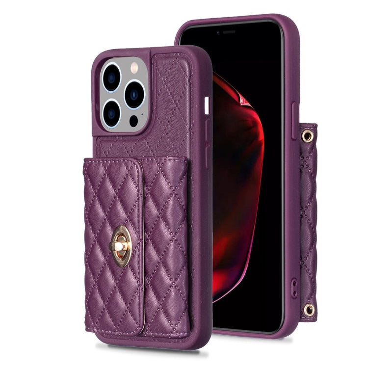 For iPhone 15 Pro Horizontal Wallet Rhombic Leather Phone Case(Dark Purple) - HoMEdemic™ 