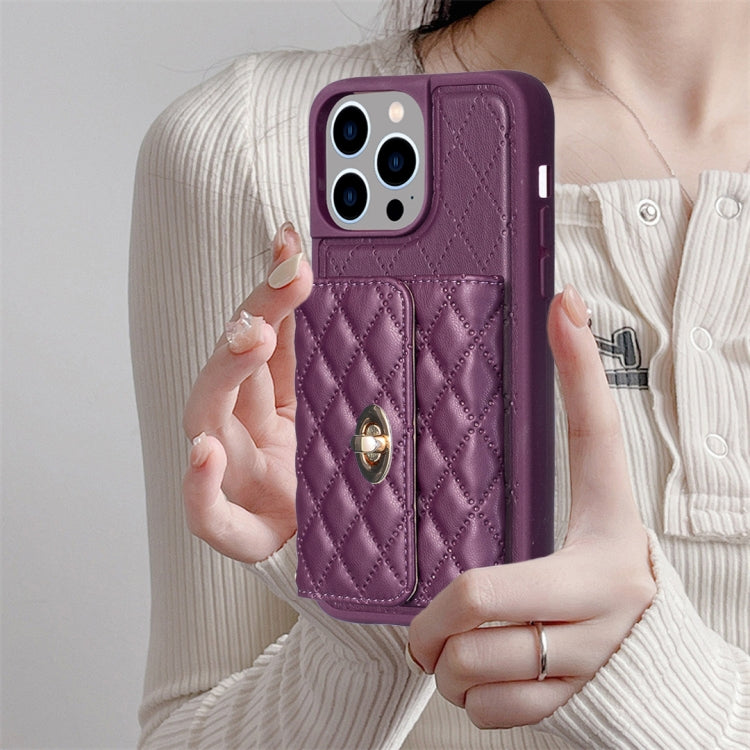 For iPhone 15 Pro Horizontal Wallet Rhombic Leather Phone Case(Dark Purple) - HoMEdemic™ 