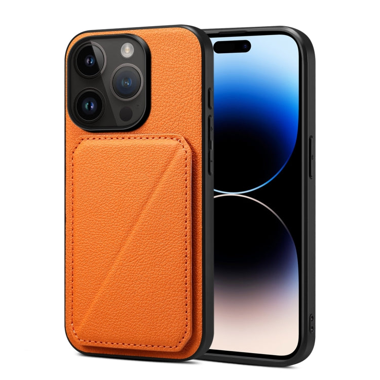For iPhone 15 Pro Imitation Calfskin Leather Back Phone Case with Holder(Orange) - HoMEdemic™ 