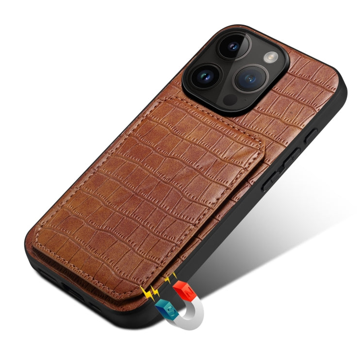 For iPhone 15 Pro Imitation Crocodile Leather Back Phone Case with Holder(Brown) - HoMEdemic™ 
