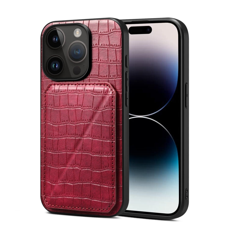 For iPhone 15 Pro Imitation Crocodile Leather Back Phone Case with Holder(Rose Red) - HoMEdemic™ 
