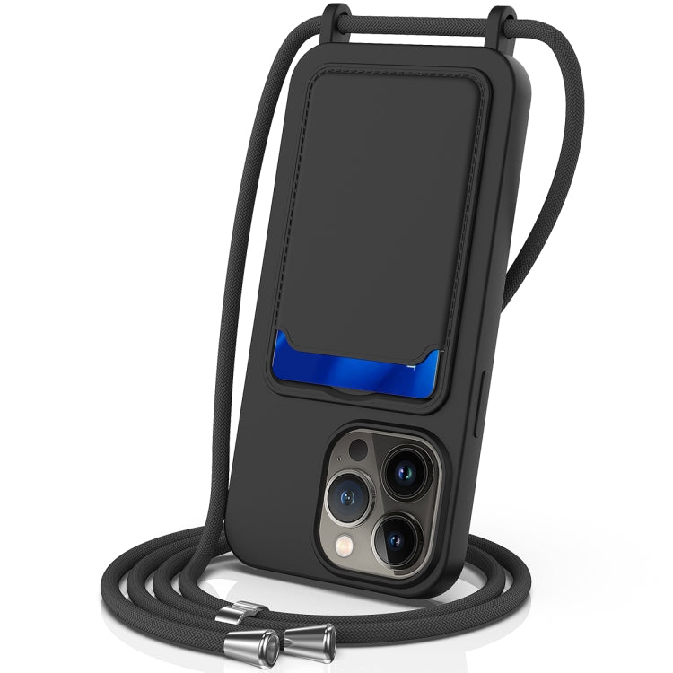 For iPhone 15 Pro Integrated Card Bag Solid Color Liquid Silicone Phone Case with Lanyard(Black) - HoMEdemic™ 