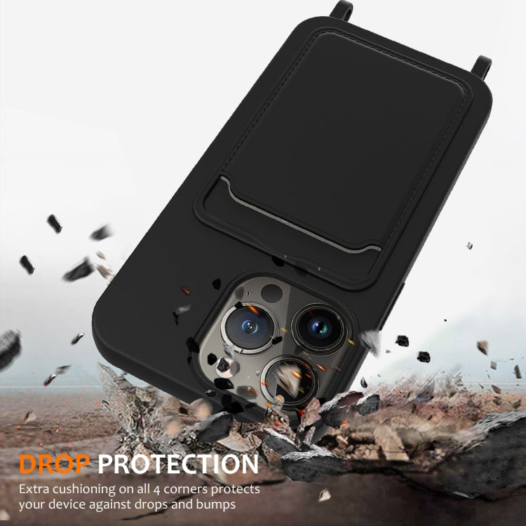 For iPhone 15 Pro Integrated Card Bag Solid Color Liquid Silicone Phone Case with Lanyard(Black) - HoMEdemic™ 
