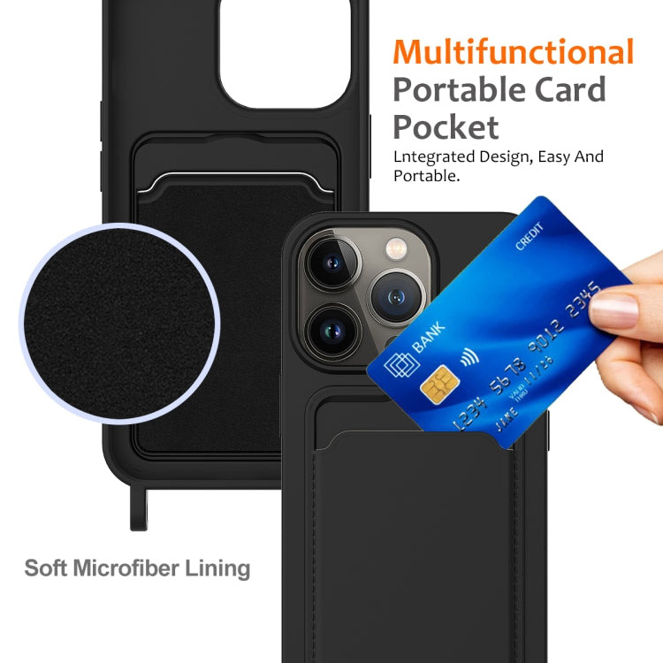 For iPhone 15 Pro Integrated Card Bag Solid Color Liquid Silicone Phone Case with Lanyard(Black) - HoMEdemic™ 