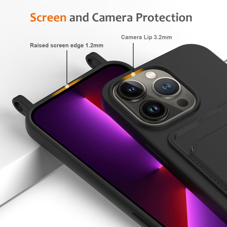 For iPhone 15 Pro Integrated Card Bag Solid Color Liquid Silicone Phone Case with Lanyard(Black) - HoMEdemic™ 