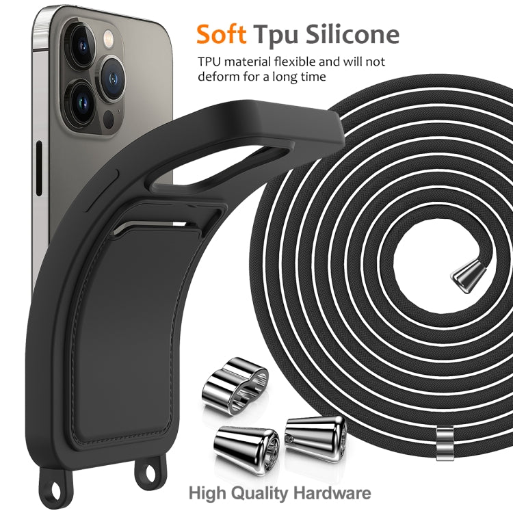 For iPhone 15 Pro Integrated Card Bag Solid Color Liquid Silicone Phone Case with Lanyard(Black) - HoMEdemic™ 