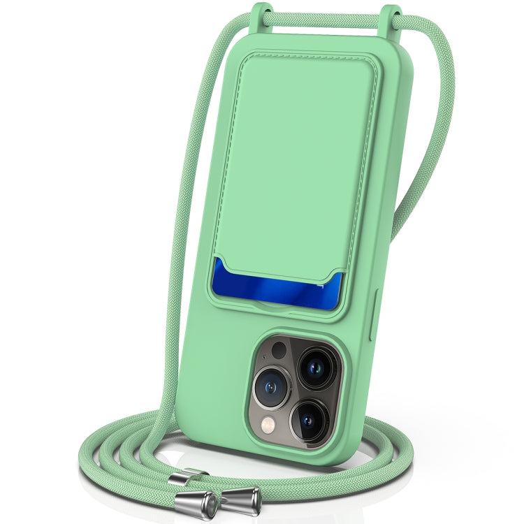 For iPhone 15 Pro Integrated Card Bag Solid Color Liquid Silicone Phone Case with Lanyard(Green) - HoMEdemic™ 