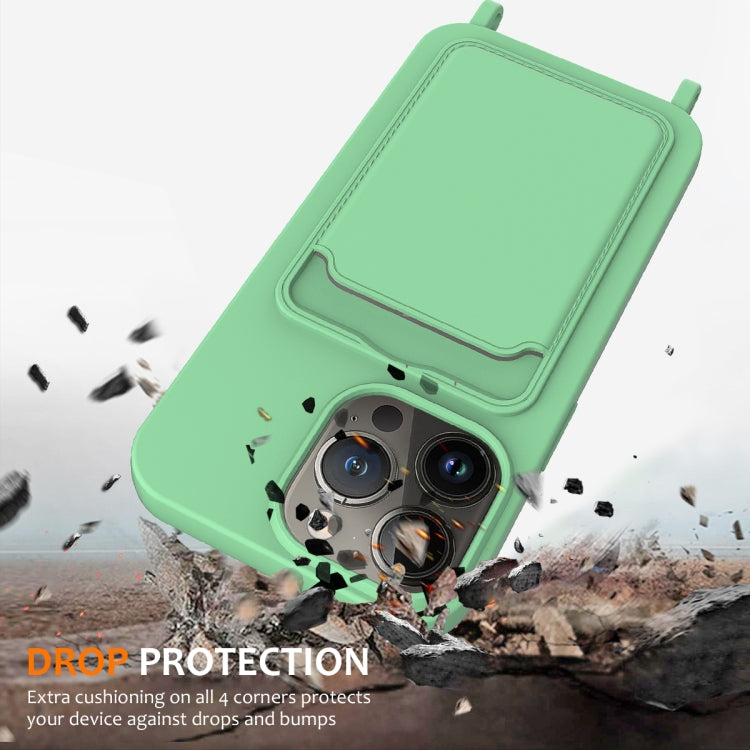 For iPhone 15 Pro Integrated Card Bag Solid Color Liquid Silicone Phone Case with Lanyard(Green) - HoMEdemic™ 