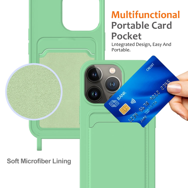 For iPhone 15 Pro Integrated Card Bag Solid Color Liquid Silicone Phone Case with Lanyard(Green) - HoMEdemic™ 