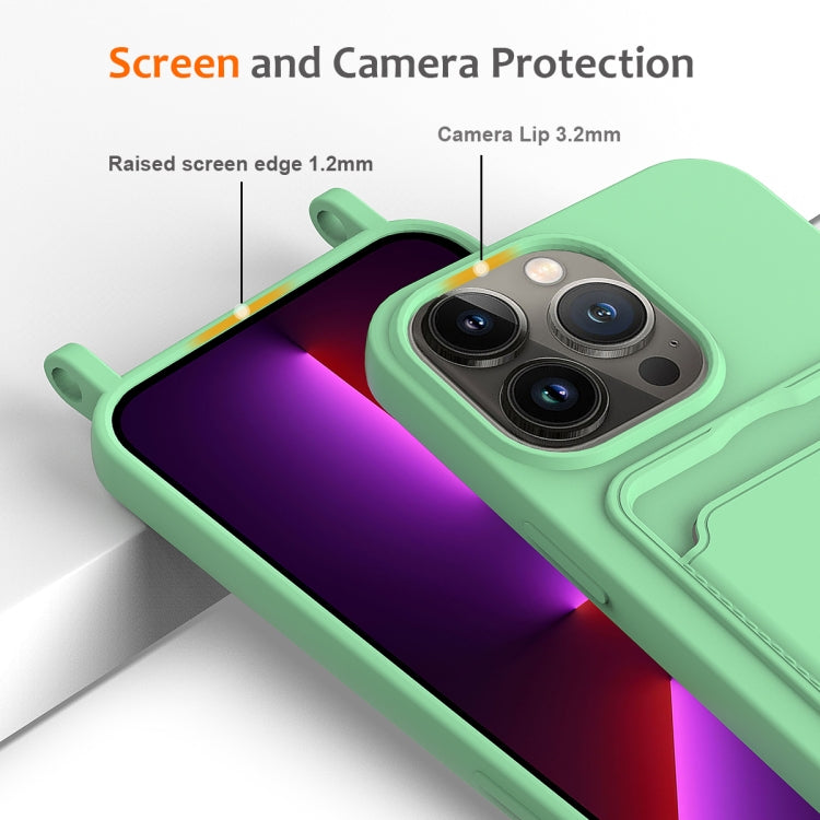For iPhone 15 Pro Integrated Card Bag Solid Color Liquid Silicone Phone Case with Lanyard(Green) - HoMEdemic™ 