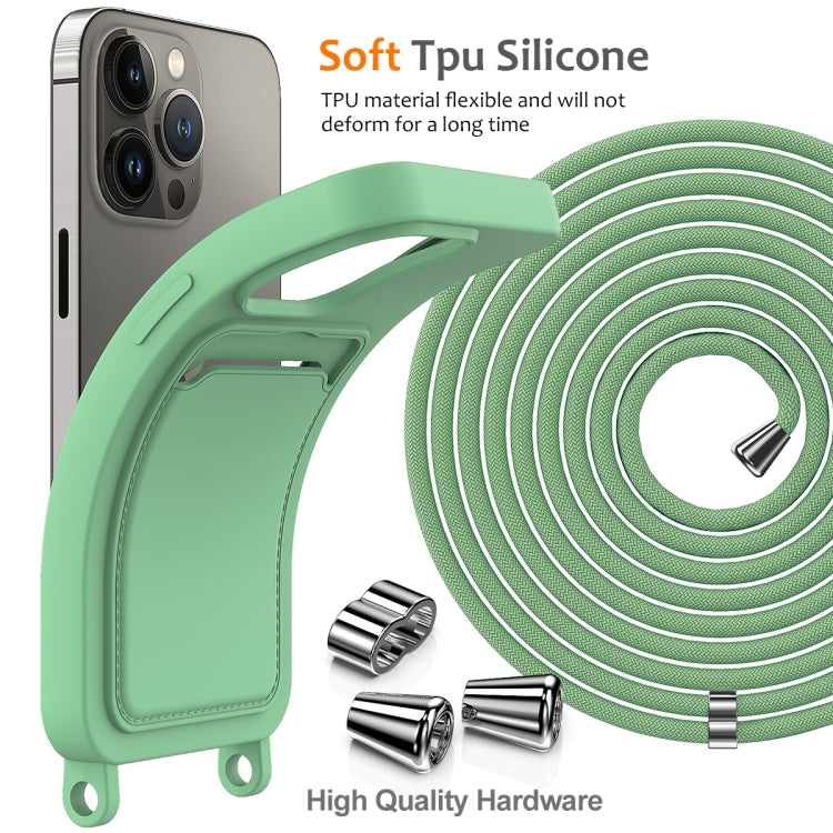 For iPhone 15 Pro Integrated Card Bag Solid Color Liquid Silicone Phone Case with Lanyard(Green) - HoMEdemic™ 