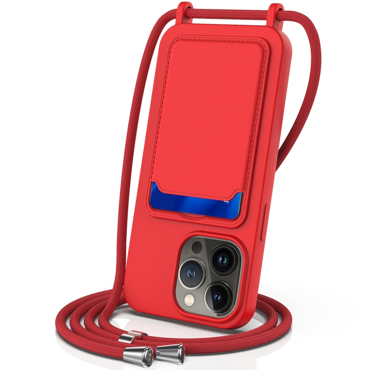 For iPhone 15 Pro Integrated Card Bag Solid Color Liquid Silicone Phone Case with Lanyard(Red) - HoMEdemic™ 