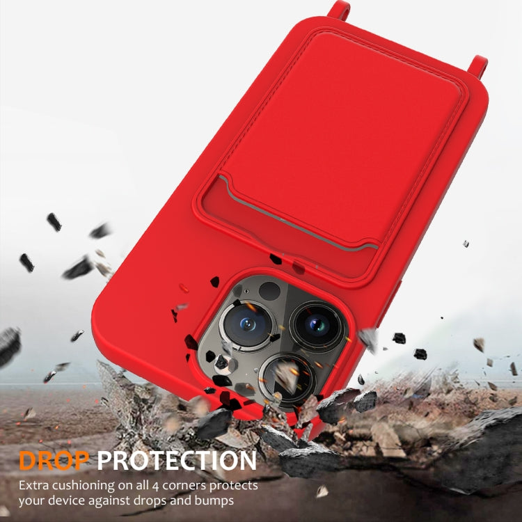For iPhone 15 Pro Integrated Card Bag Solid Color Liquid Silicone Phone Case with Lanyard(Red) - HoMEdemic™ 