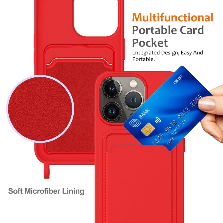 For iPhone 15 Pro Integrated Card Bag Solid Color Liquid Silicone Phone Case with Lanyard(Red) - HoMEdemic™ 