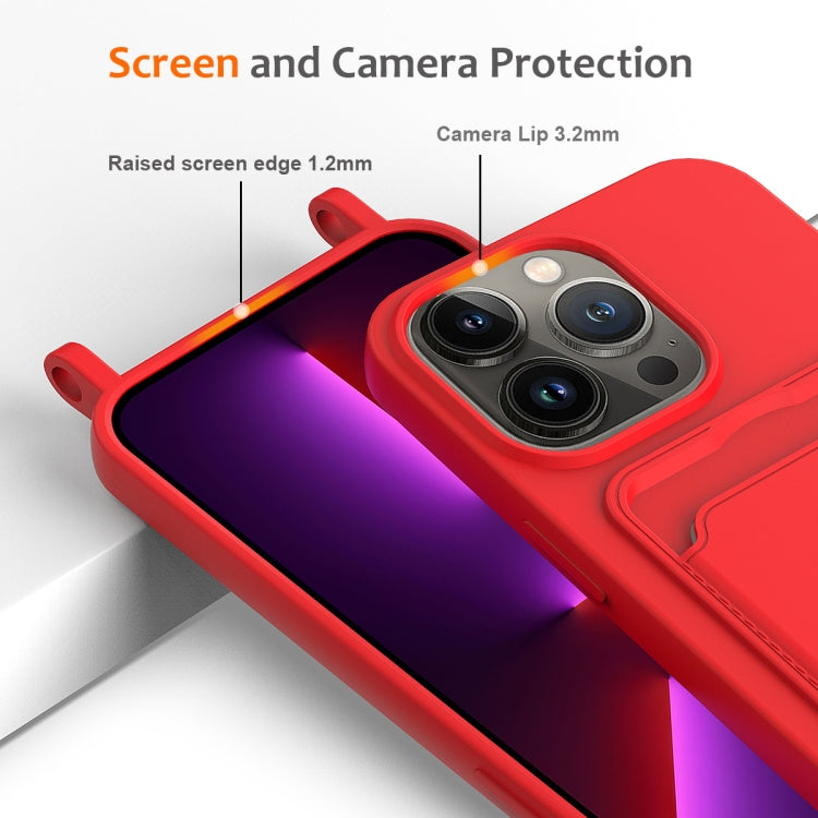 For iPhone 15 Pro Integrated Card Bag Solid Color Liquid Silicone Phone Case with Lanyard(Red) - HoMEdemic™ 