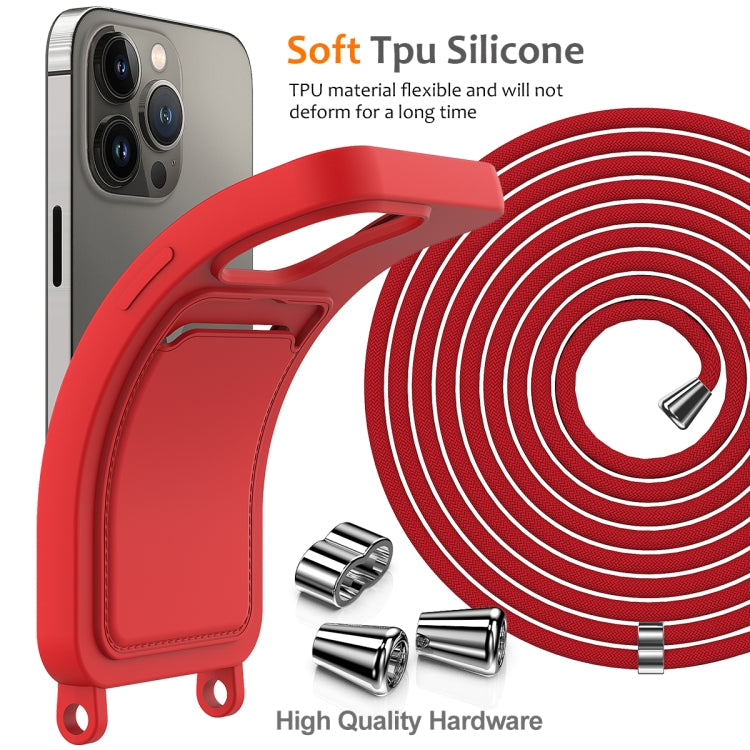 For iPhone 15 Pro Integrated Card Bag Solid Color Liquid Silicone Phone Case with Lanyard(Red) - HoMEdemic™ 