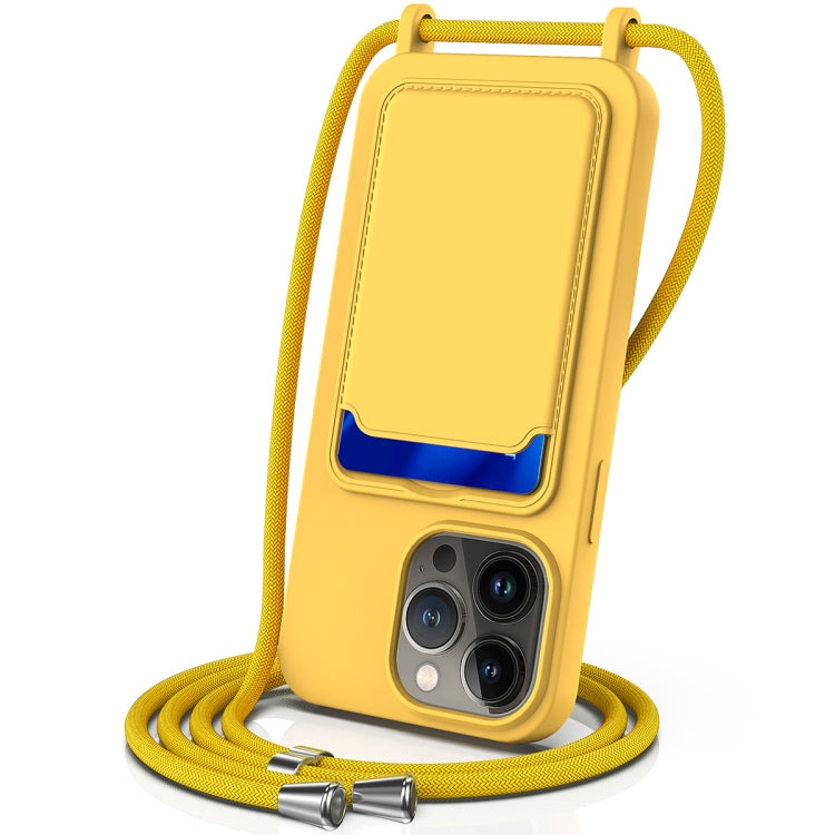 For iPhone 15 Pro Integrated Card Bag Solid Color Liquid Silicone Phone Case with Lanyard(Yellow) - HoMEdemic™ 