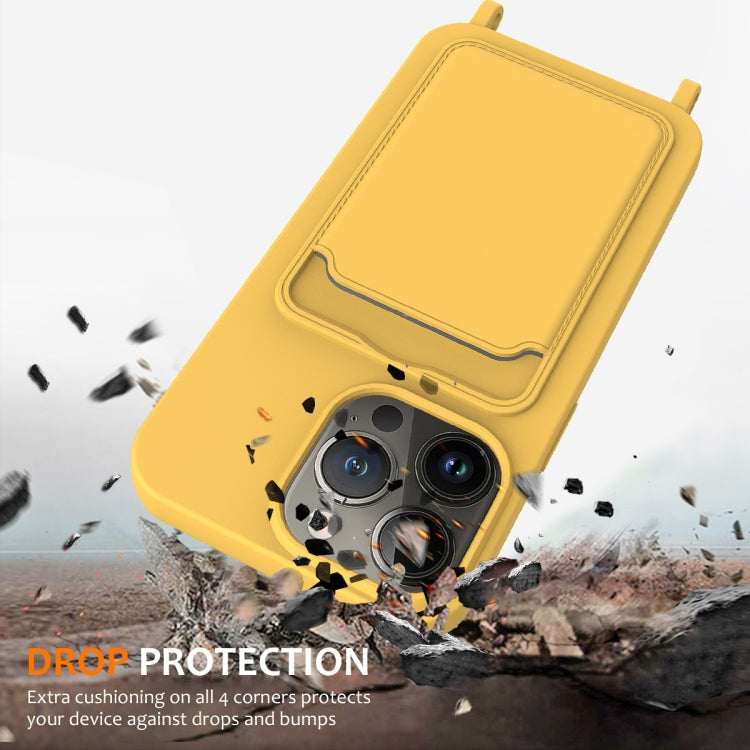 For iPhone 15 Pro Integrated Card Bag Solid Color Liquid Silicone Phone Case with Lanyard(Yellow) - HoMEdemic™ 