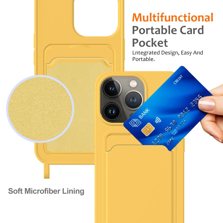 For iPhone 15 Pro Integrated Card Bag Solid Color Liquid Silicone Phone Case with Lanyard(Yellow) - HoMEdemic™ 