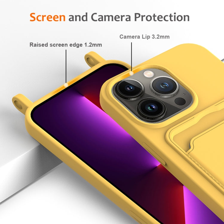 For iPhone 15 Pro Integrated Card Bag Solid Color Liquid Silicone Phone Case with Lanyard(Yellow) - HoMEdemic™ 