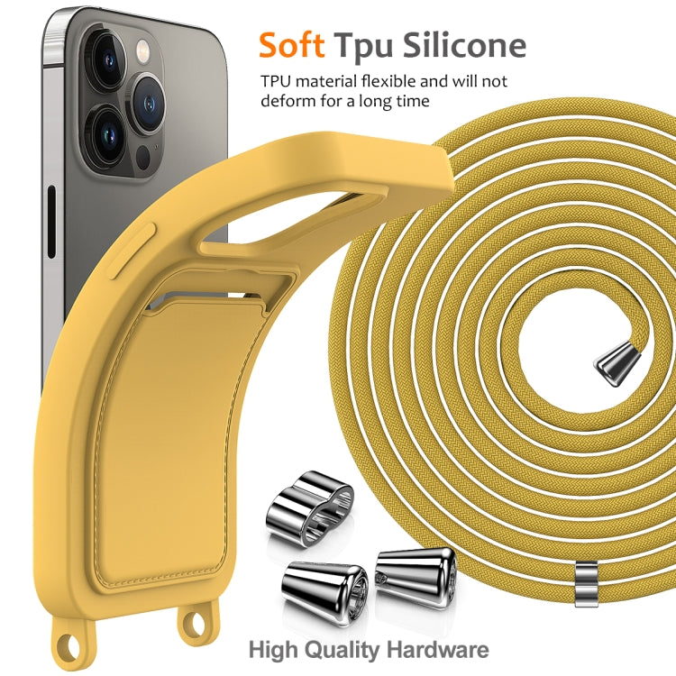 For iPhone 15 Pro Integrated Card Bag Solid Color Liquid Silicone Phone Case with Lanyard(Yellow) - HoMEdemic™ 