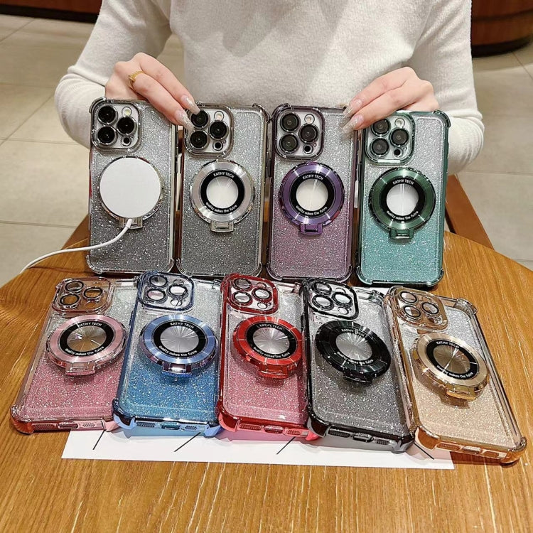 For iPhone 15 Pro Invisible Holder Gradient Glitter Magsafe Phone Case(Sierra Blue) - HoMEdemic™ 