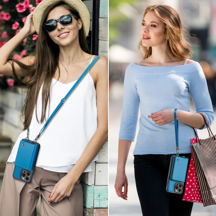For iPhone 15 Pro JEEHOOD C22 Series Zipper Wallet Leather Phone Case with Dual Lanyard(Blue) - HoMEdemic™ 