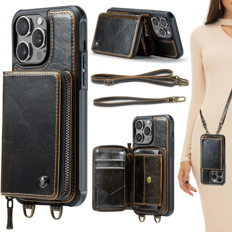 For iPhone 15 Pro JEEHOOD C22 Series Zipper Wallet Leather Phone Case with Dual Lanyard(Coffee) - HoMEdemic™ 