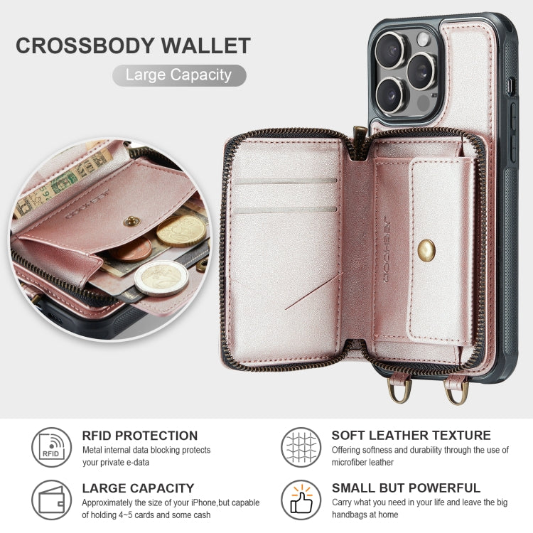 For iPhone 15 Pro JEEHOOD C22 Series Zipper Wallet Leather Phone Case with Dual Lanyard(Rose Gold) - HoMEdemic™ 