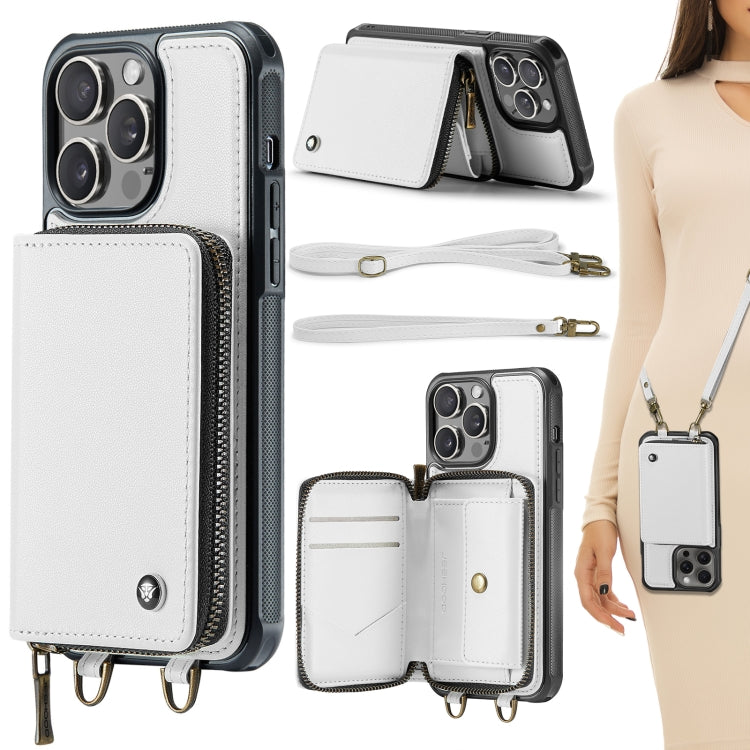 For iPhone 15 Pro JEEHOOD C22 Series Zipper Wallet Leather Phone Case with Dual Lanyard(White) - HoMEdemic™ 