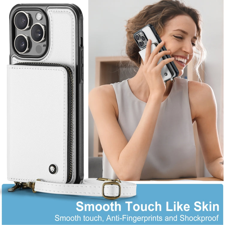 For iPhone 15 Pro JEEHOOD C22 Series Zipper Wallet Leather Phone Case with Dual Lanyard(White) - HoMEdemic™ 