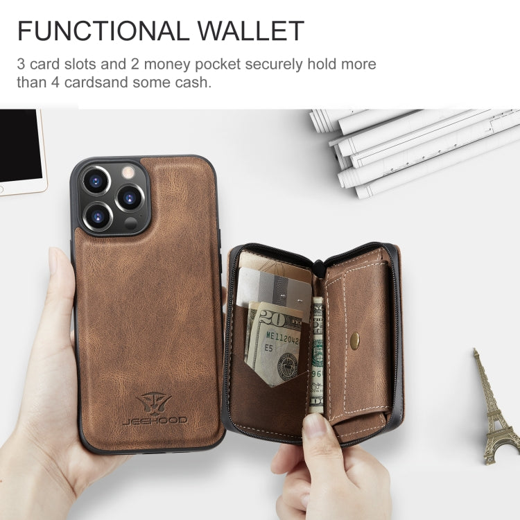 For iPhone 15 Pro JEEHOOD Magnetic Zipper Wallet Leather Phone Case(Brown) - HoMEdemic™ 