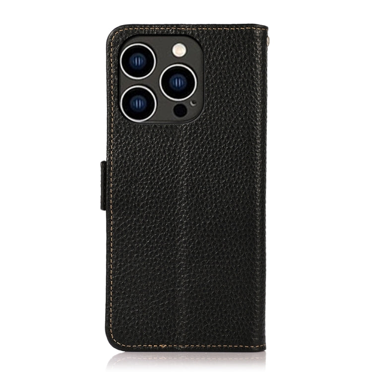 For iPhone 15 Pro KHAZNEH Side-Magnetic Litchi Genuine Leather RFID Phone Case(Black) - HoMEdemic™ 