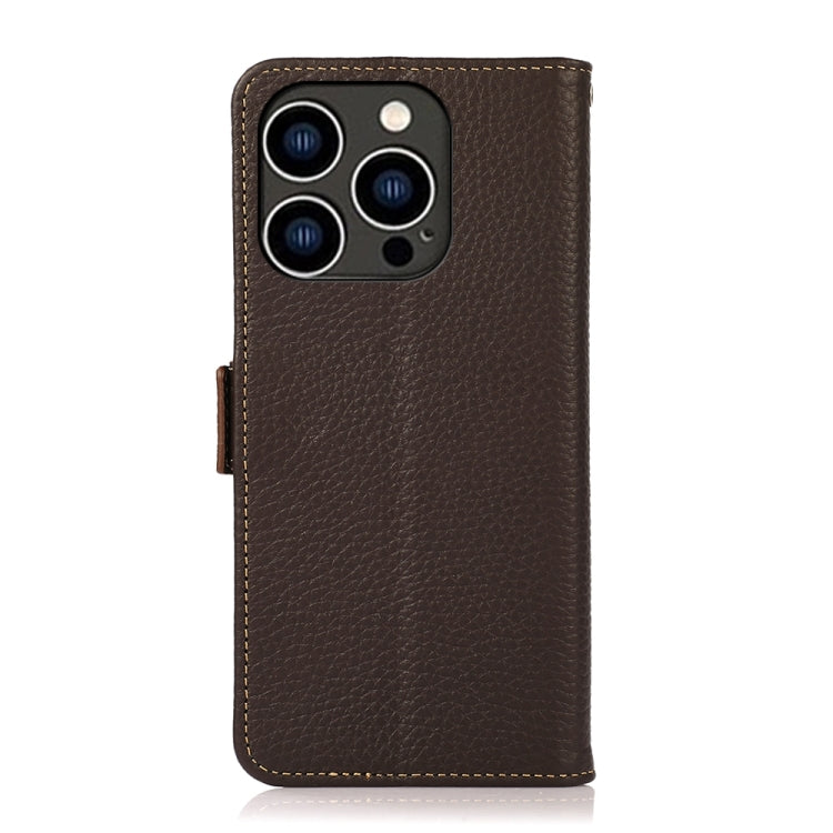 For iPhone 15 Pro KHAZNEH Side-Magnetic Litchi Genuine Leather RFID Phone Case(Brown) - HoMEdemic™ 